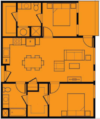 Floor plan for 2 beds, 2 baths, 624 sqft